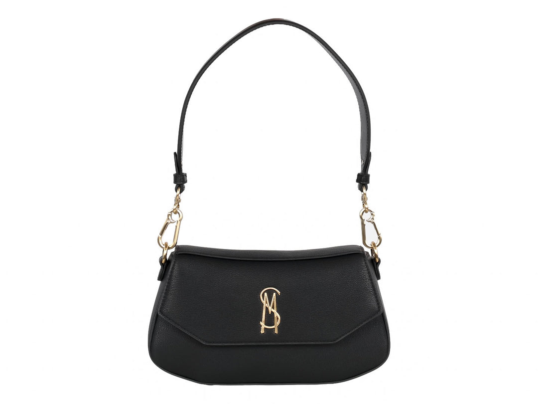 Bolsa de hombro Steve Madden color negro con detalles y logo en dorado.