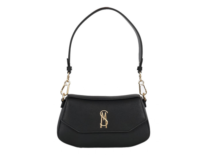 Bolsa de hombro Steve Madden color negro con detalles y logo en dorado.