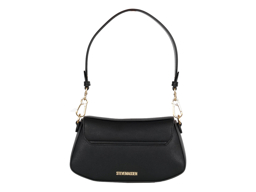 Bolsa de hombro Steve Madden color negro con detalles y logo en dorado.
