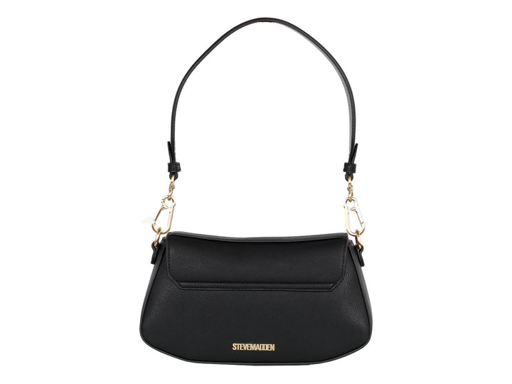 Bolsa de hombro Steve Madden color negro con detalles y logo en dorado.