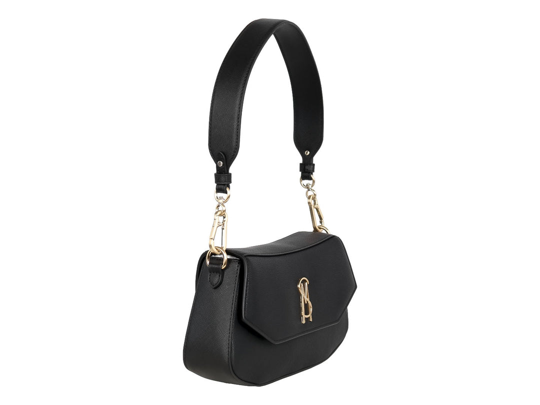Bolsa de hombro Steve Madden color negro con detalles y logo en dorado.
