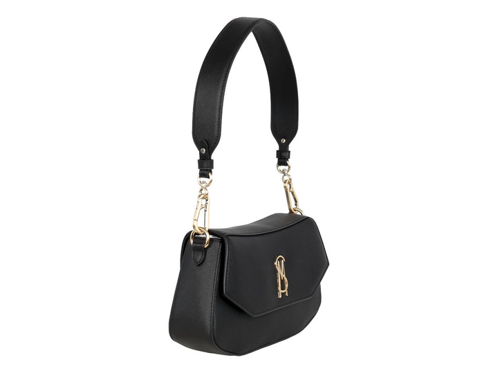Bolsa de hombro Steve Madden color negro con detalles y logo en dorado.