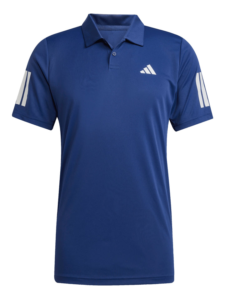 Hombre vistiendo playera polo deportiva Adidas color azul con tres rayas blancas en la manga.