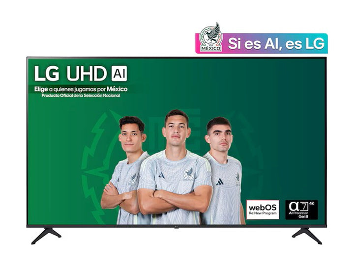 Televisión LG UHD 4K de 75 pulgadas en color negro con imagen de jugadores de la Selección Mexicana.