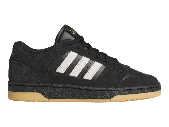 Tenis Adidas Break Start Premium Low color negro con franjas blancas y suela de goma color miel.
