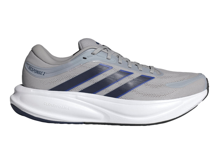 Tenis deportivos Adidas Response 2 en color gris con franjas azules y suela blanca.
