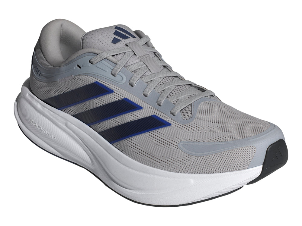 Tenis deportivos Adidas Response 2 en color gris con franjas azules y suela blanca.