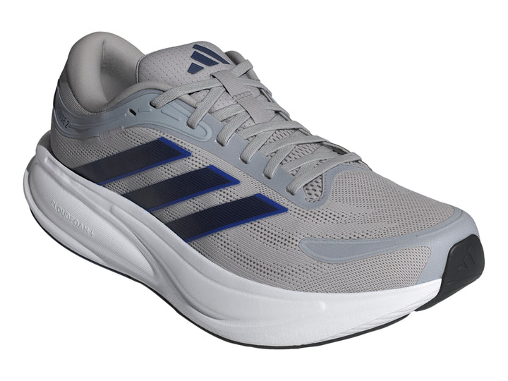 Tenis deportivos Adidas Response 2 en color gris con franjas azules y suela blanca.