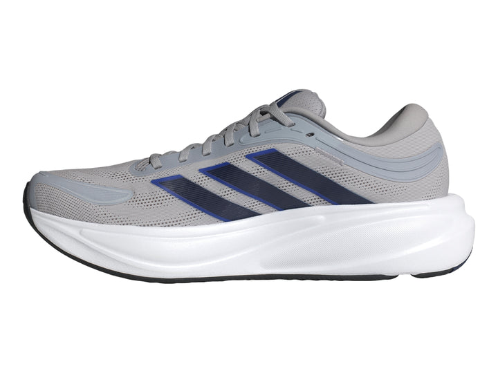 Tenis deportivos Adidas Response 2 en color gris con franjas azules y suela blanca.