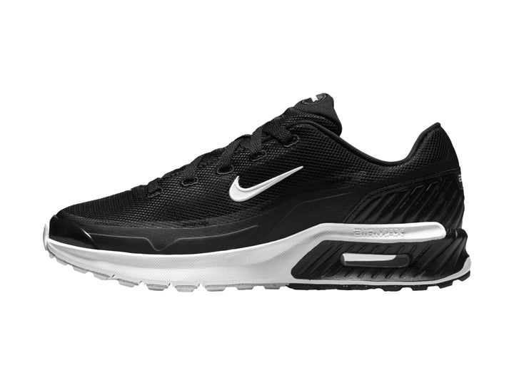 Tenis Nike Air Max color negro con suela blanca y logotipo lateral blanco.