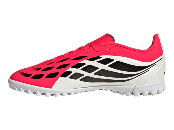 Zapato de fútbol Adidas Predator Club TF en colores rosa, blanco y negro con suela para césped sintético.