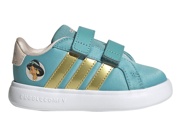 Tenis Adidas infantiles color turquesa con franjas doradas y gráfico de la Princesa Jasmine.