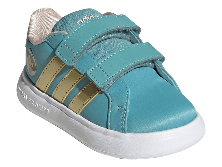Tenis Adidas infantiles color turquesa con franjas doradas y gráfico de la Princesa Jasmine.