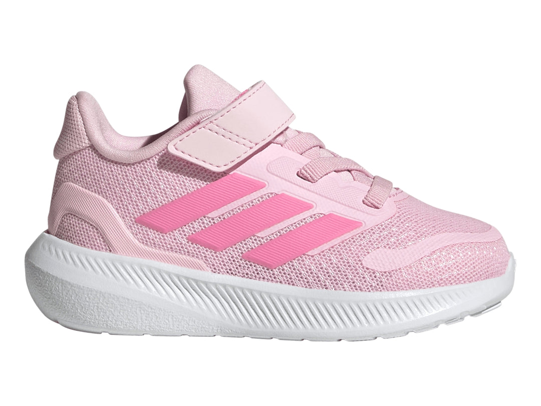 Tenis deportivos Adidas Runfalcon 4.0 en color rosa con suela blanca y cierre de correa velcro para niña.