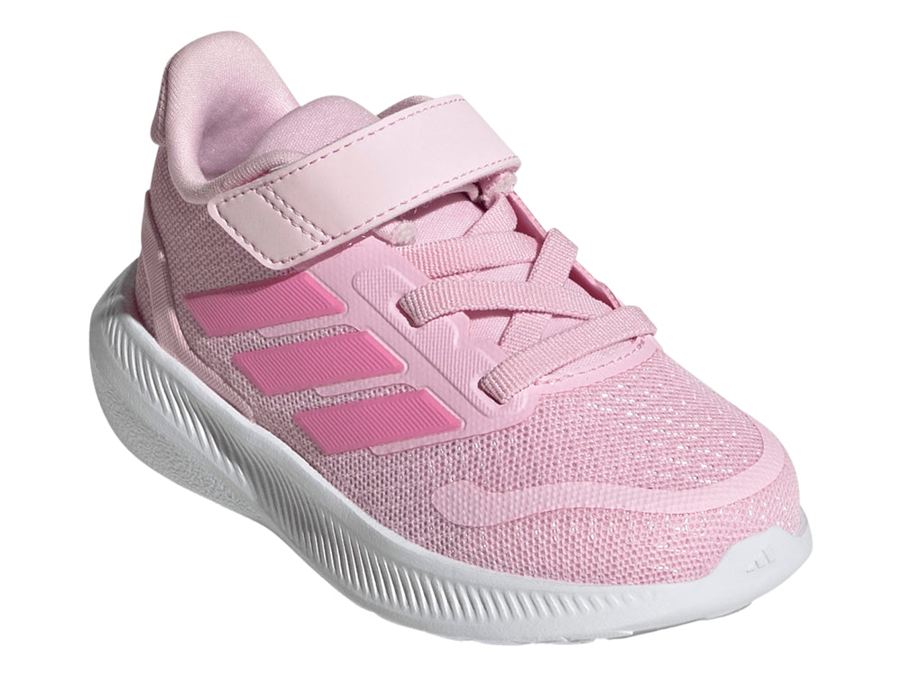 Tenis deportivos Adidas Runfalcon 4.0 en color rosa con suela blanca y cierre de correa velcro para niña.