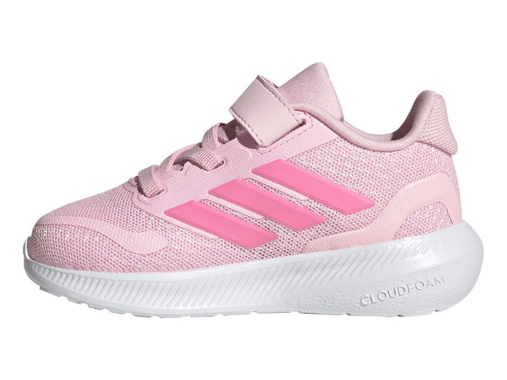 Tenis deportivos Adidas Runfalcon 4.0 en color rosa con suela blanca y cierre de correa velcro para niña.