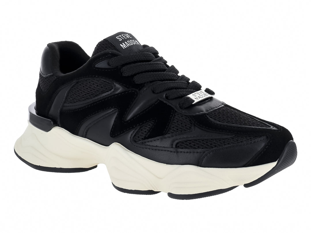 Tenis Steve Madden color negro con suela gruesa color blanco para mujer.