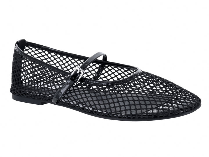 Zapatos planos negros de Steve Madden con diseño de malla y correa de charol.