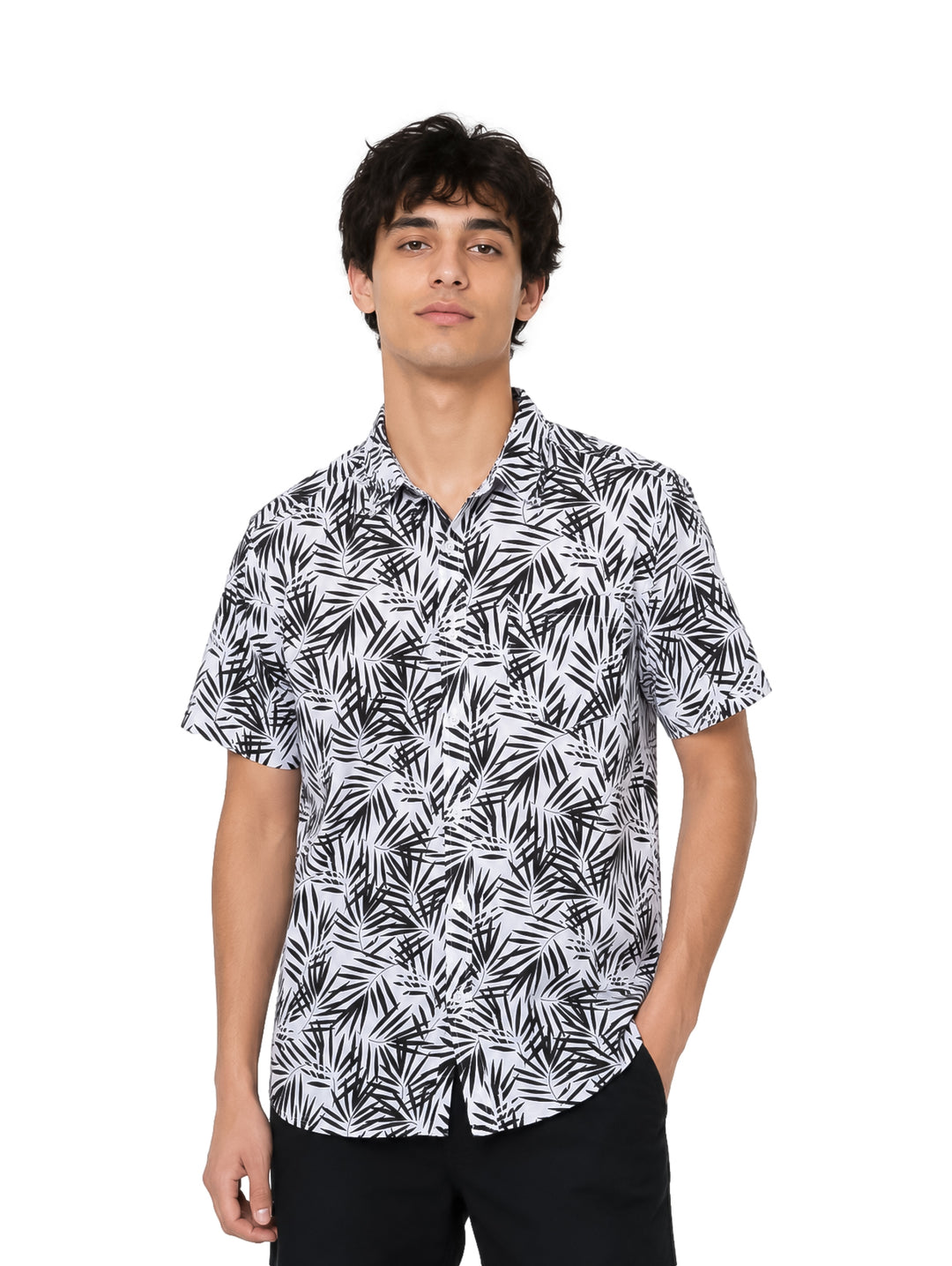 Camisa de manga corta blanca con estampado de hojas negras para Hombre.