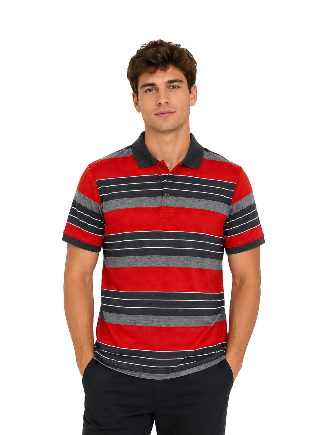 Hombre vistiendo playera polo de manga corta con rayas horizontales en colores rojo y gris.