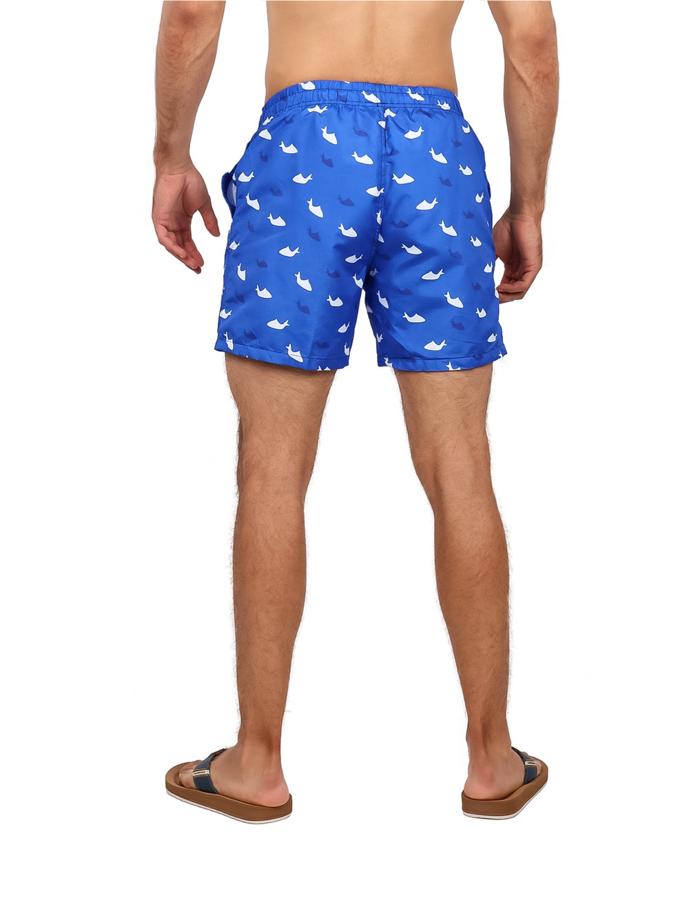 Hombre vistiendo traje de baño corto color azul royal con estampado de tiburones blancos.