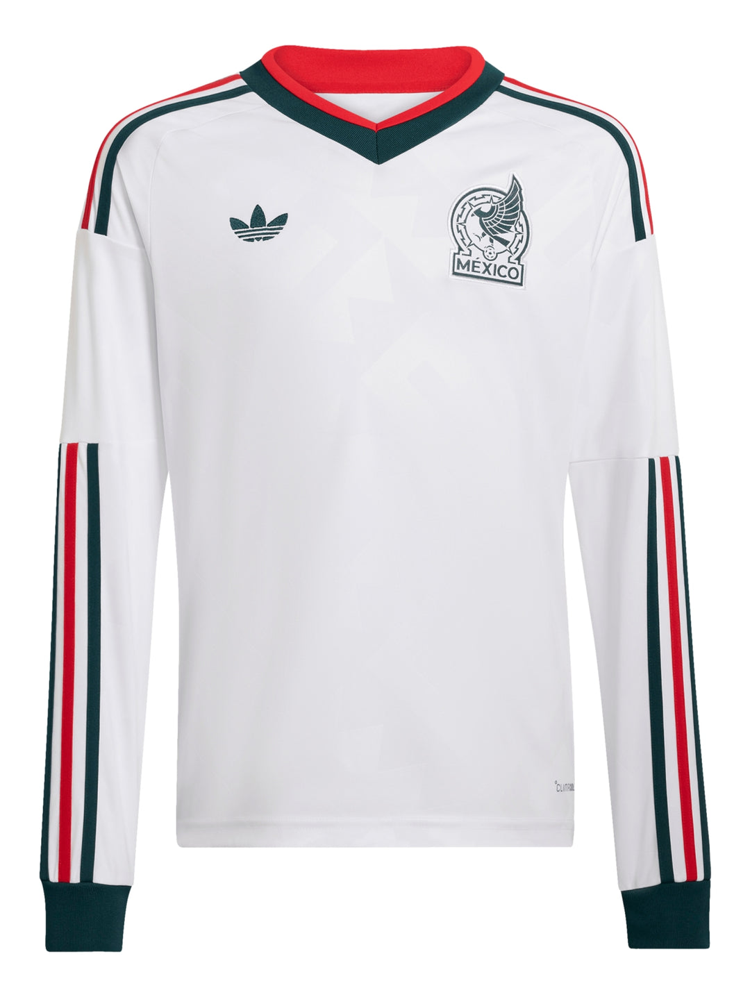 Jersey de fútbol Adidas blanco de manga larga con detalles en verde y rojo y escudo de la selección mexicana.