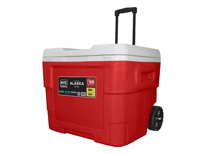 Hielera NYC Alaska color rojo con tapa blanca, mango extensible y ruedas negras para transporte.