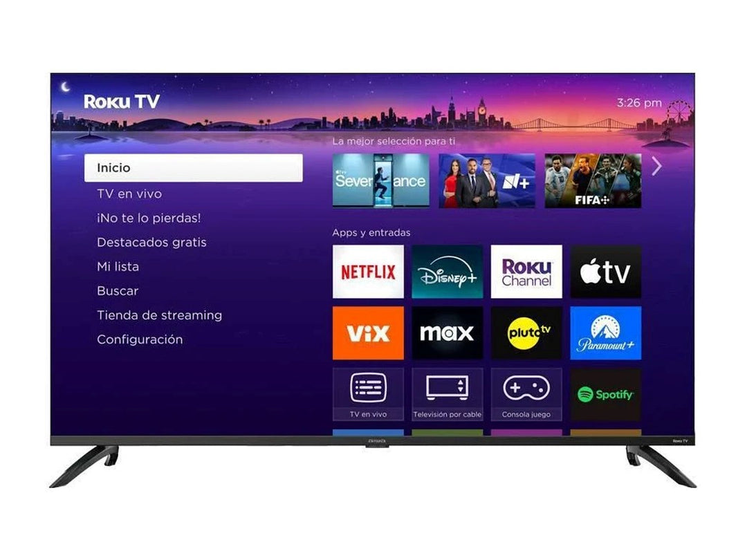 Televisor AIWA QLED de 55 pulgadas color negro con interfaz de Roku TV encendida.