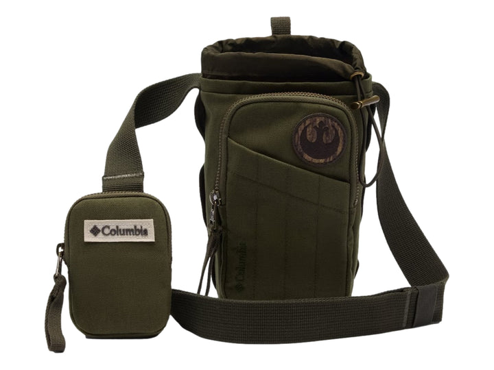 Bolsa de hombro Columbia color verde nori para botella con bolsillo pequeño integrado y correa ajustable.