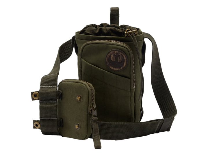 Bolsa de hombro Columbia color verde nori para botella con bolsillo pequeño integrado y correa ajustable.