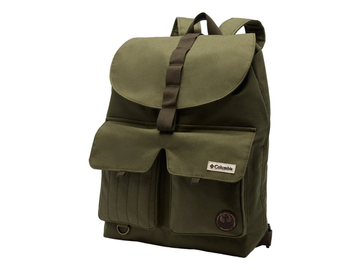 Mochila Columbia unisex color verde nori con múltiples bolsillos frontales y tapa superior ajustable.