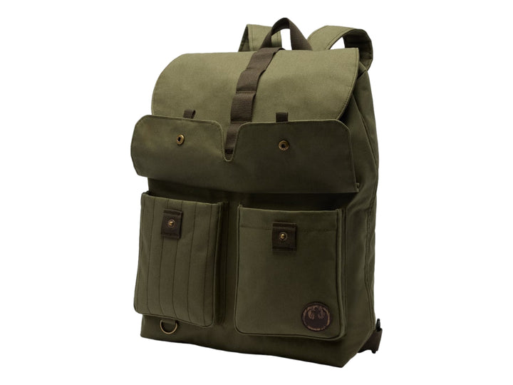 Mochila Columbia unisex color verde nori con múltiples bolsillos frontales y tapa superior ajustable.