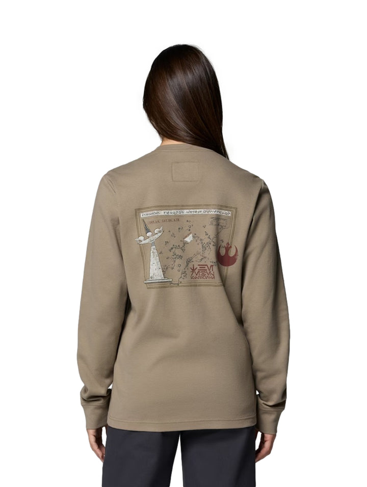 Hombre y mujer vistiendo camisetas de manga larga color khaki de la marca Columbia.