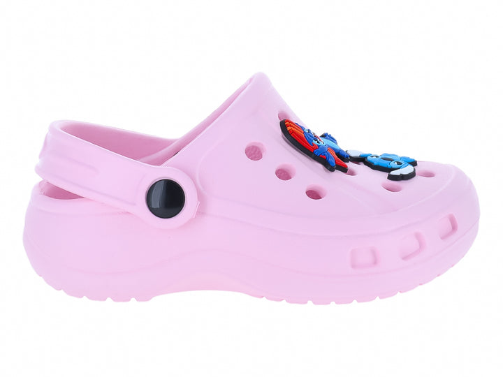 Sandalia tipo clog color rosa con figura de Stitch y botón negro.