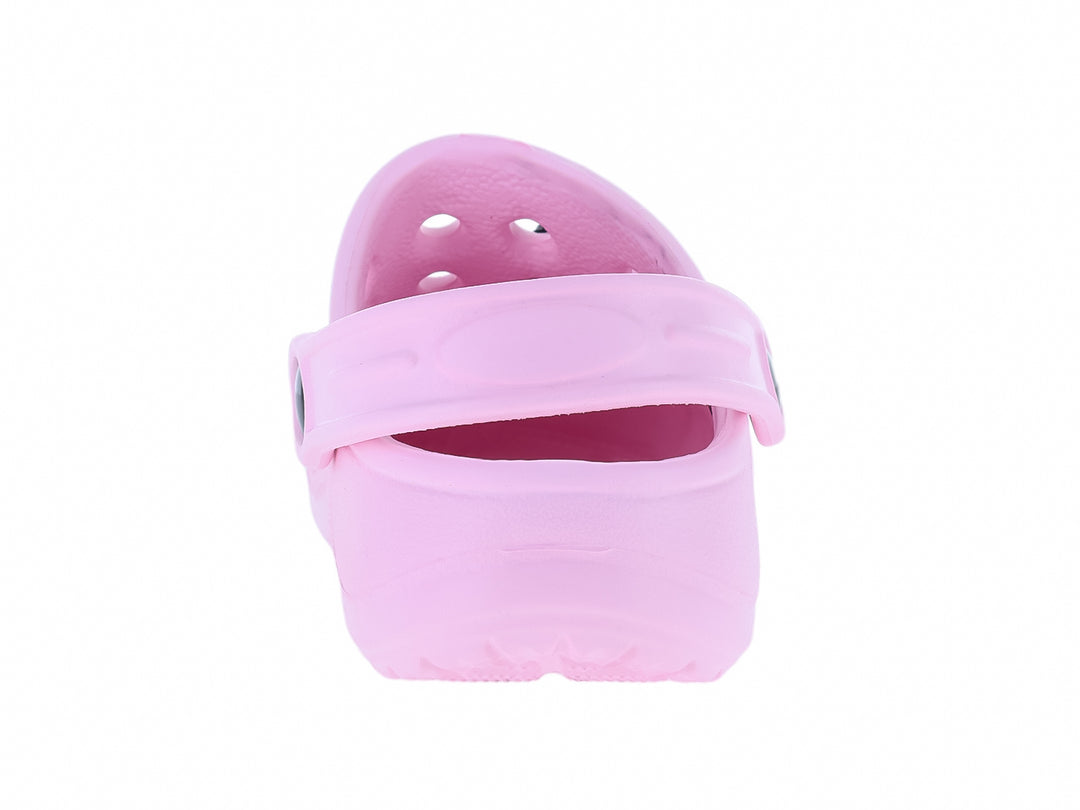 Sandalia tipo clog color rosa con figura de Stitch y botón negro.