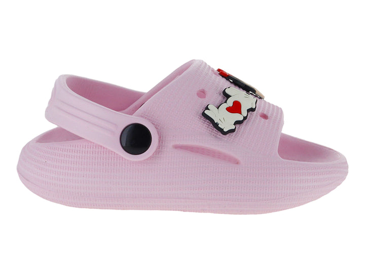Sandalia tipo zueco color rosa con detalle de Minnie Mouse y correa ajustable.
