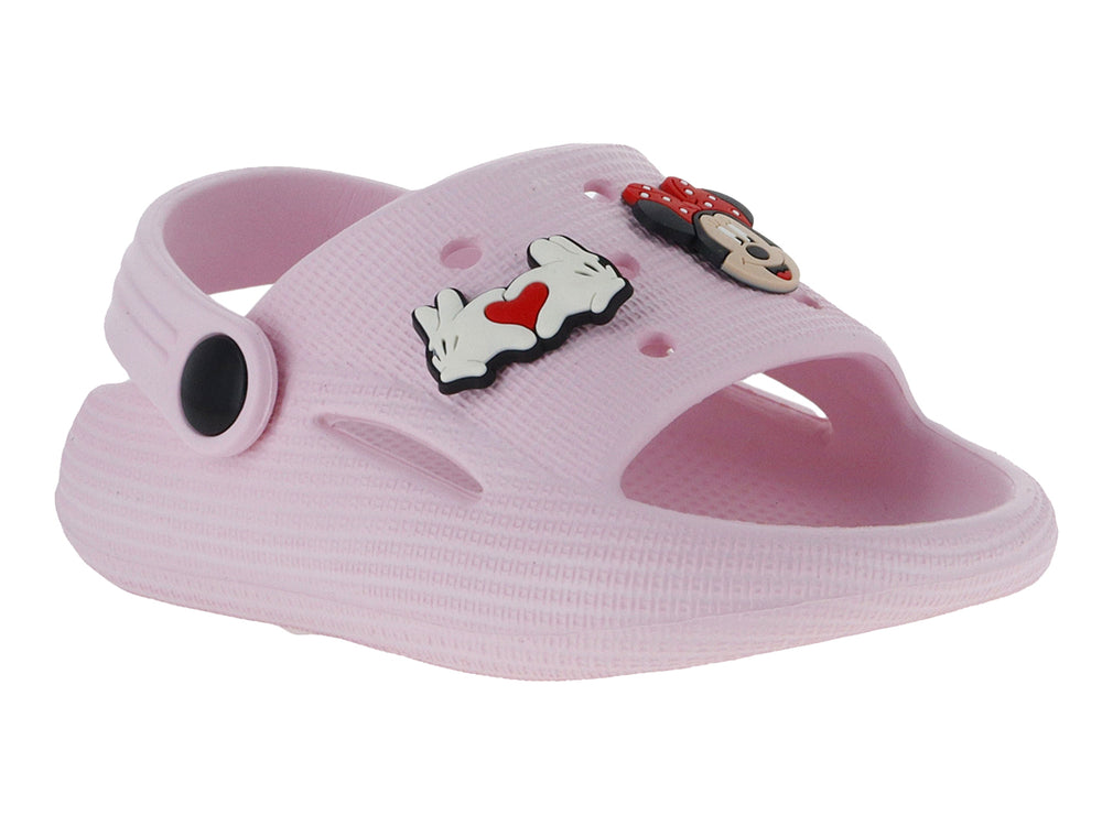 Sandalia tipo zueco color rosa con detalle de Minnie Mouse y correa ajustable.