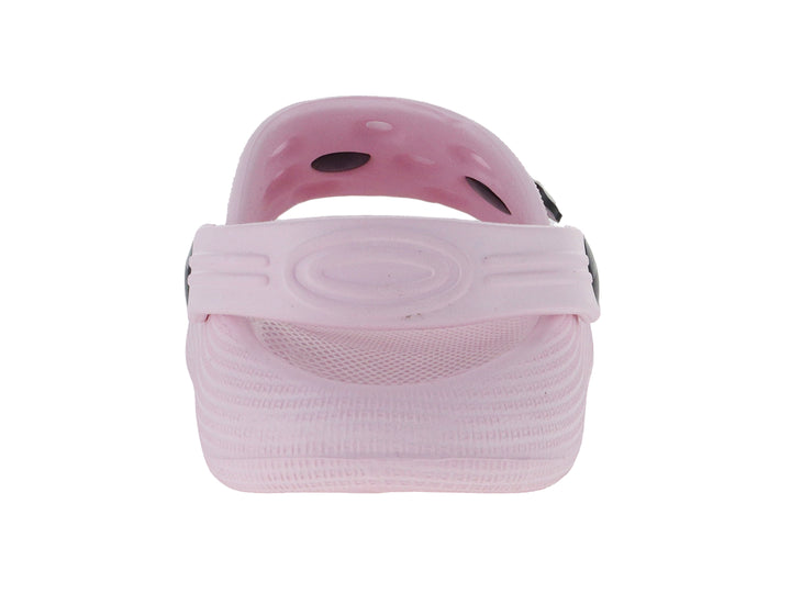 Sandalia tipo zueco color rosa con detalle de Minnie Mouse y correa ajustable.