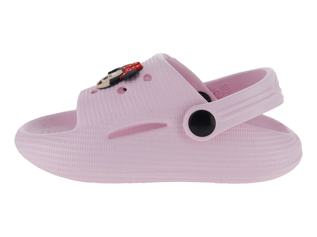 Sandalia tipo zueco color rosa con detalle de Minnie Mouse y correa ajustable.