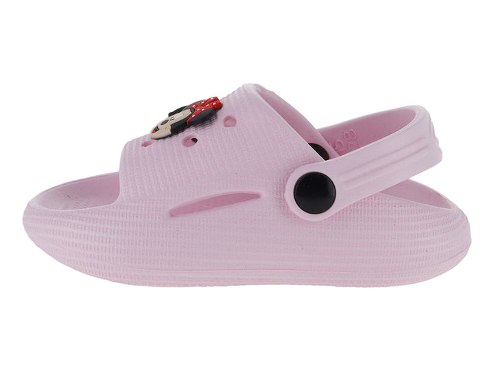 Sandalia tipo zueco color rosa con detalle de Minnie Mouse y correa ajustable.