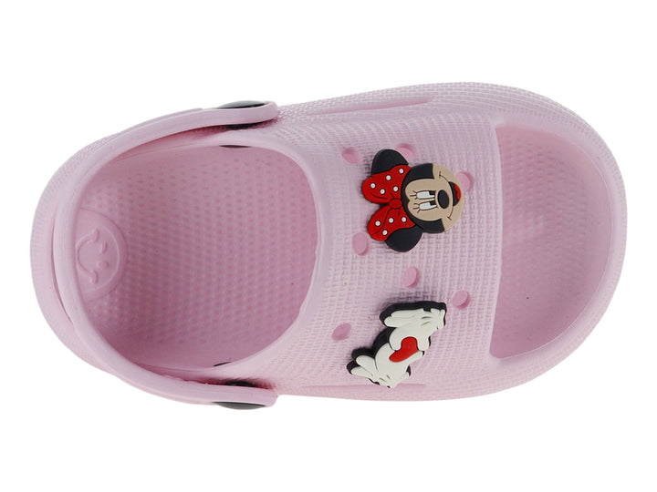 Sandalia tipo zueco color rosa con detalle de Minnie Mouse y correa ajustable.