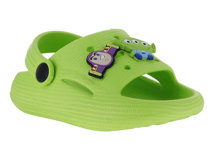Sandalia verde tipo slide con detalle de personaje de Toy Story y correa ajustable.