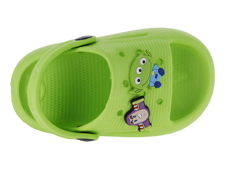 Sandalia verde tipo slide con detalle de personaje de Toy Story y correa ajustable.