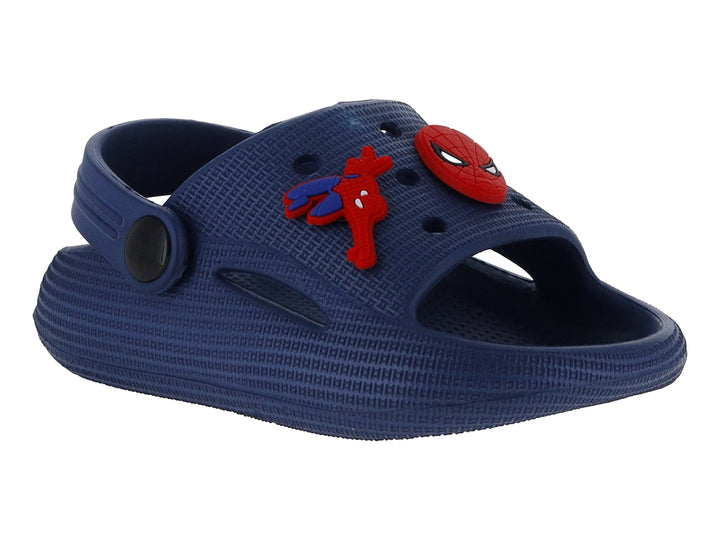Sandalia tipo clog color azul marino con un adorno de Spiderman en la parte superior.