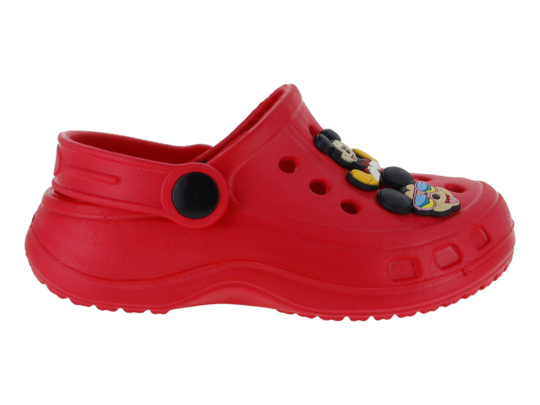 Zuecos rojos infantiles de la marca DTX con decoraciones de Mickey Mouse y correa trasera negra.