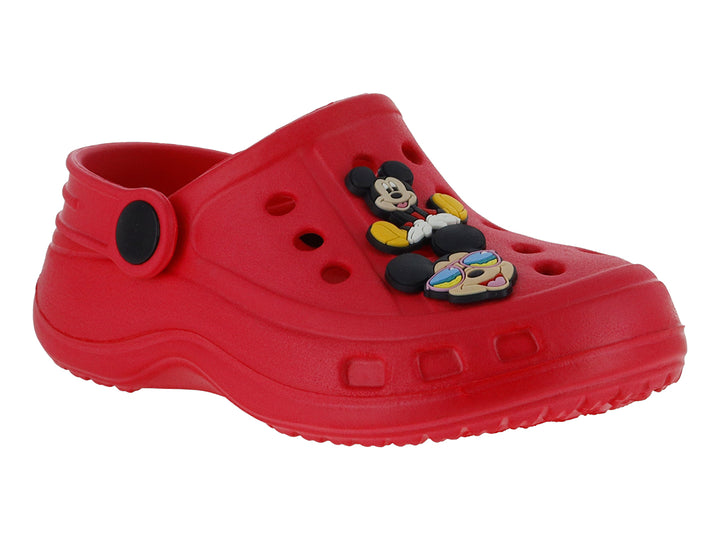 Zuecos rojos infantiles de la marca DTX con decoraciones de Mickey Mouse y correa trasera negra.