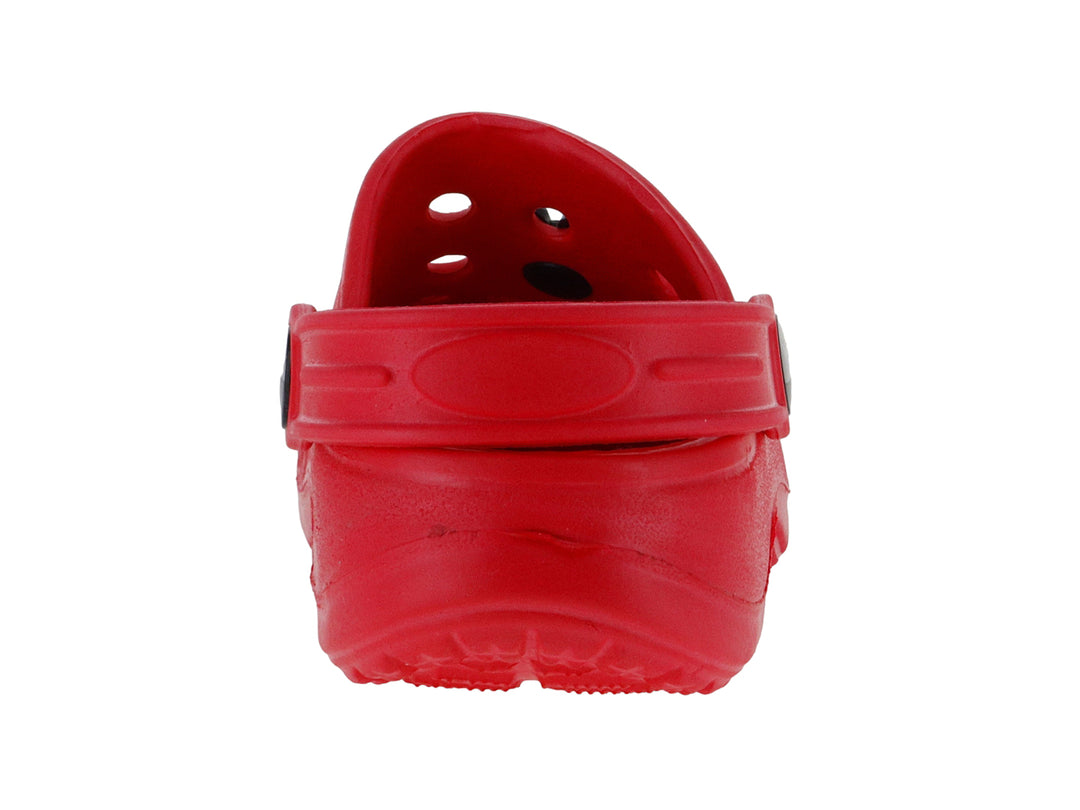Zuecos rojos infantiles de la marca DTX con decoraciones de Mickey Mouse y correa trasera negra.