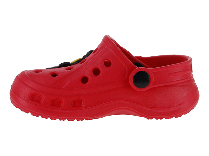 Zuecos rojos infantiles de la marca DTX con decoraciones de Mickey Mouse y correa trasera negra.