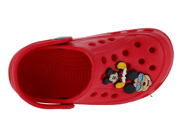 Zuecos rojos infantiles de la marca DTX con decoraciones de Mickey Mouse y correa trasera negra.