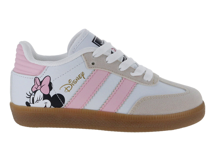 Tenis blancos y rosas para niña con estampado de Minnie Mouse y suela color café.